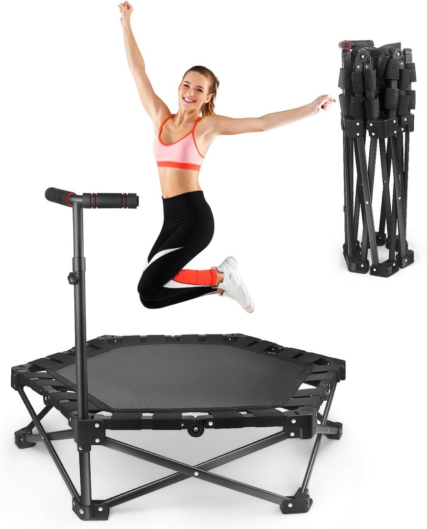 Foldable Mini Trampoline  One-Step Fold & Open, 42" Rebounder Trampoline for Adults & Kids, 450lbs Max Load, Adjustable T-Bar, Indoor & Outdoor Workout