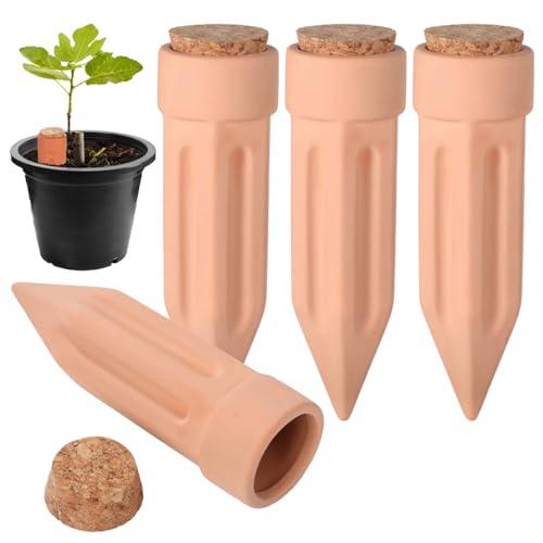 OMISTAR 4 PCS Plant Watering Spikes with Lids, Clay Flower Watering Spike with Wooden Stopper, Self-Watering Spike for Vacation Plant Care, Slow Release Irrigation for Indoor Outdoor Plants