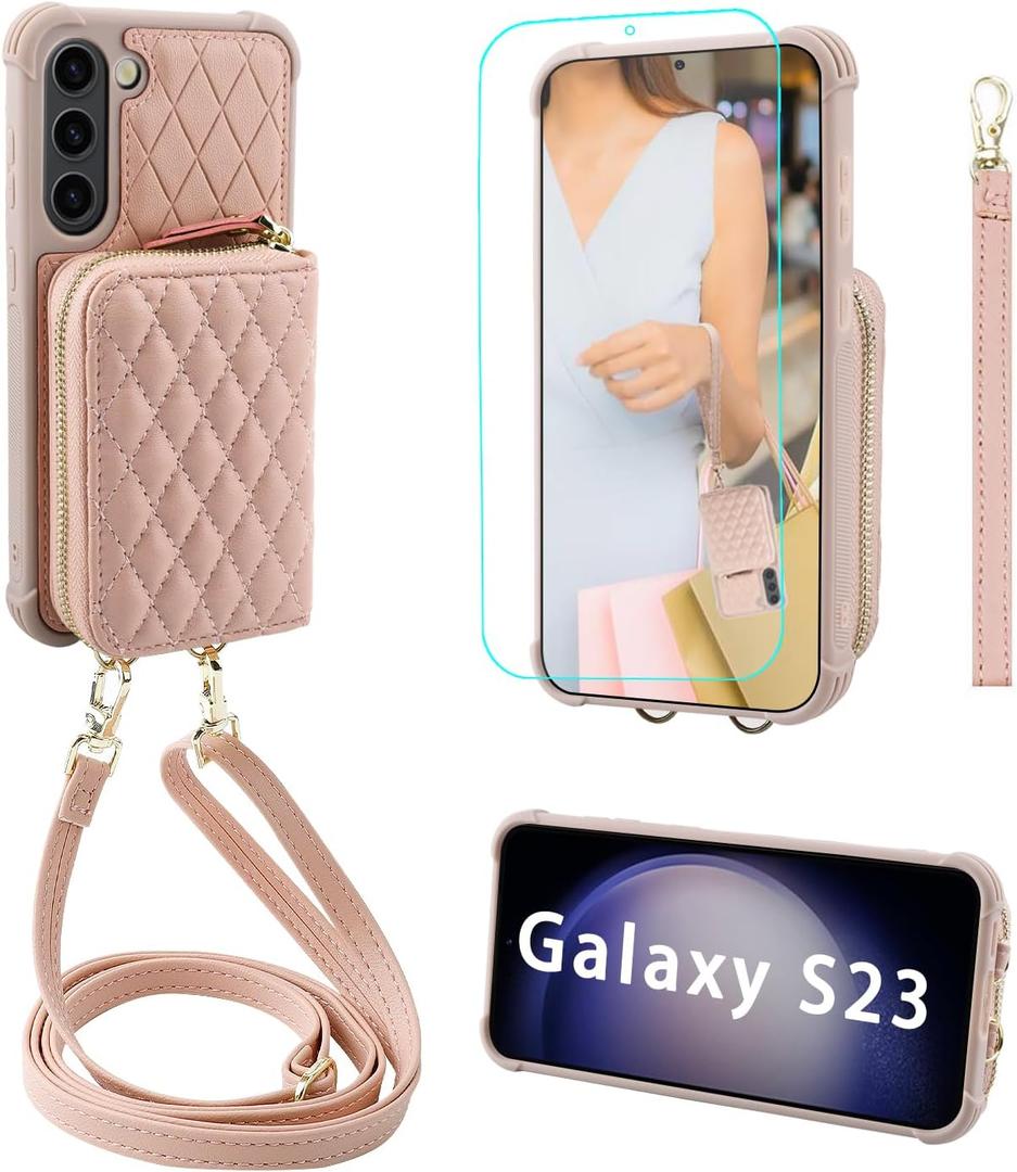 MONASAY Zipper Wallet Case Fit for Galaxy S23, 6.1in [RFID Blocking] Flip Leather Handbag Phone Cover with Card Holder and Crossbody Shoulder Lanyard Strap, Rosegold