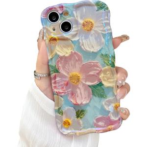 2 x Compatible with iPhone 11 Case for Women, Cute Curly Wave Frame Shape, Colorful Retro Oil Painting Flower Laser Beam Glossy Pattern, Compatible with iPhone 11, Blue
