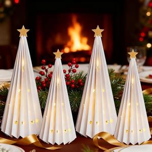4PCS White Paper Christmas Trees 3D Christmas Tree Tabletop Centerpiece Decorations with Gold Star Tree Topper Light Up Vintage Table Centerpieces for Xmas Winter Wonderland Holiday Home Party