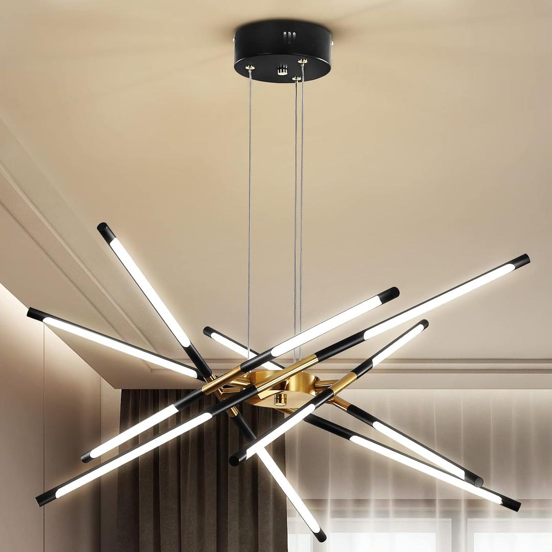 Modern Chandelier,Black and Gold Chandelier 12 Light LED Dimmable Pendant Lights,Easy to Install Ceiling Light 54W Linear Hanging for Dining Room, Kitchen,Bedroom 3000k-6000k with Remote Control