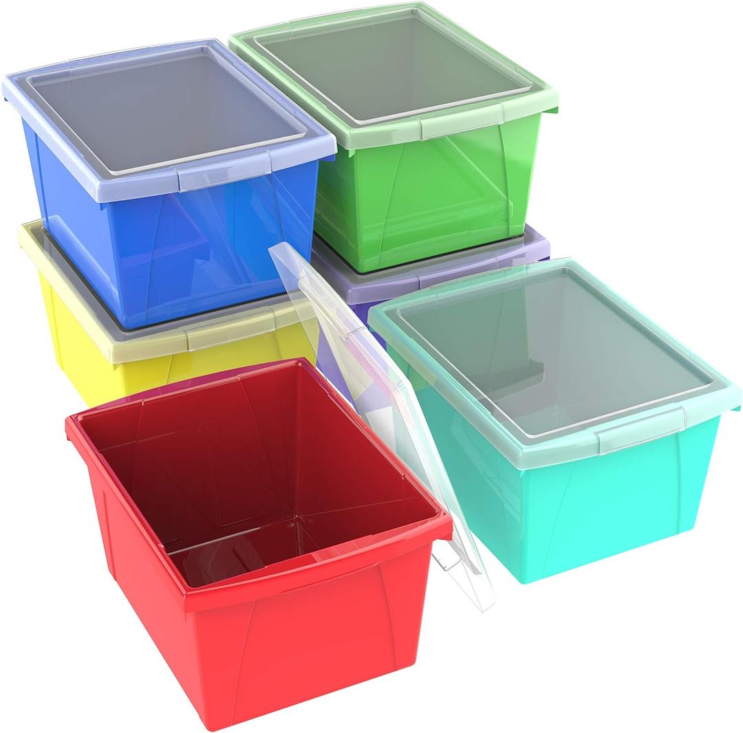 Storex 4 Gallon Storage Bin with Lid  Plastic Classroom Organizer for Books and Supplies, Assorted Colors, 6-Pack (61406A06C)