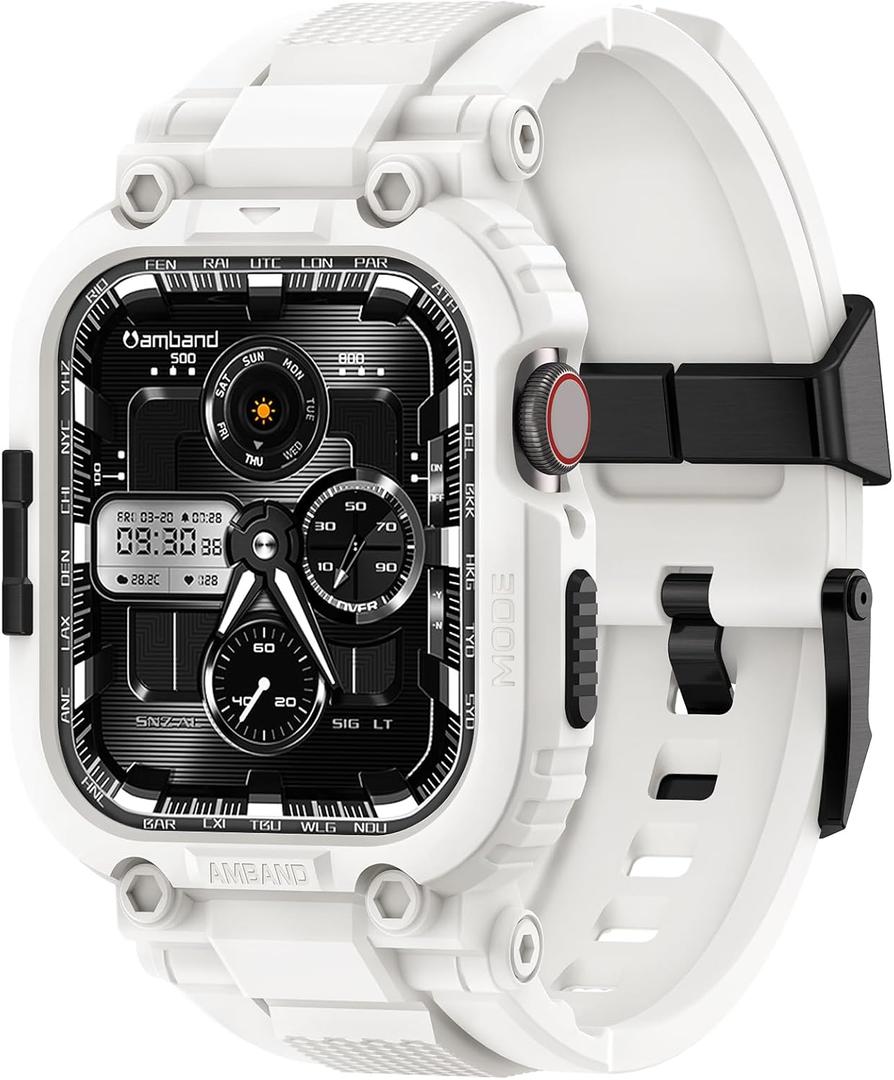 amBand Bands Compatible with Apple Watch 9/8/7 45mm, M1 Sport Series Rugged Case with TPU Strap Military Protective Tough Cover Bumper for iWatch SE3/SE2/SE/6/5/4 44mm Men White