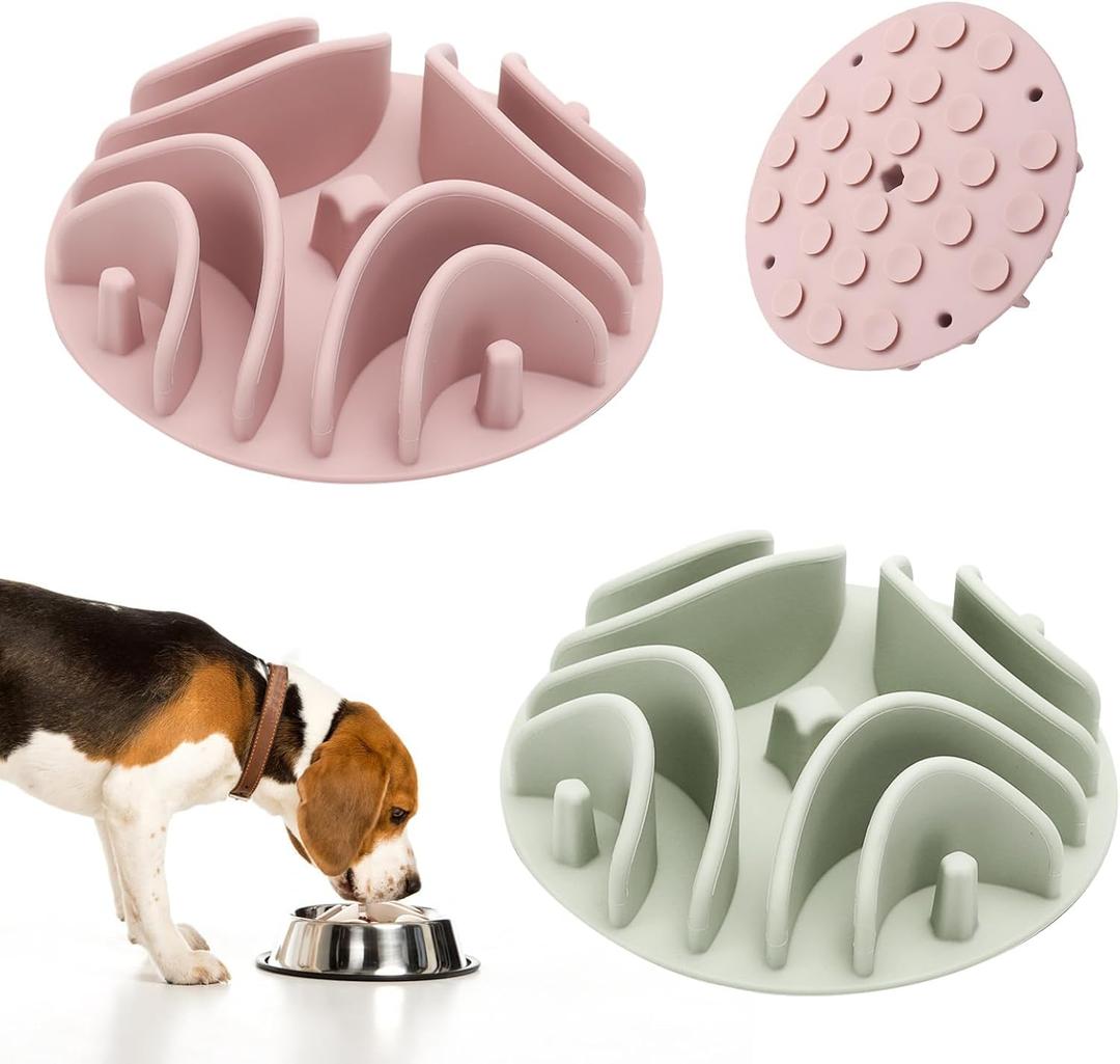2 Pcs Slow Feeder Insert for Dog Bowl, Anti-Choking Silicone with Strong Suction Cups, Fits Most Dog Bowls, Ideal for Medium, Large Breeds (Green+Pink)