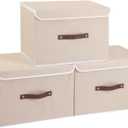 Yawinhe Collapsible Storage Boxes, Linen Fabric Baskets, Bin with lid and Leather Handle, Washable, for Home, Closet, Beige, 15.0''Lx9.8''Wx9.8''H, 3-Pack, USNK024BEL-3