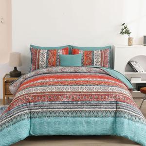 Cottolester Boho Queen Comforter Set 8 Pieces, Terracotta Comforter Bohemian Striped Bed in A Bag,Soft Microfiber Bedding Set for All Seasons