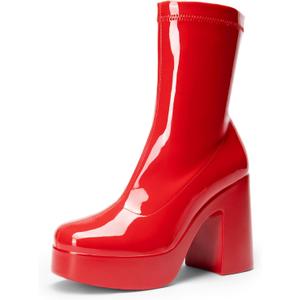 DREAM PAIRS Women's Platform Gogo Ankle Boots High Chunky Block Heel Square Toe Booties Shoes (Red), 6