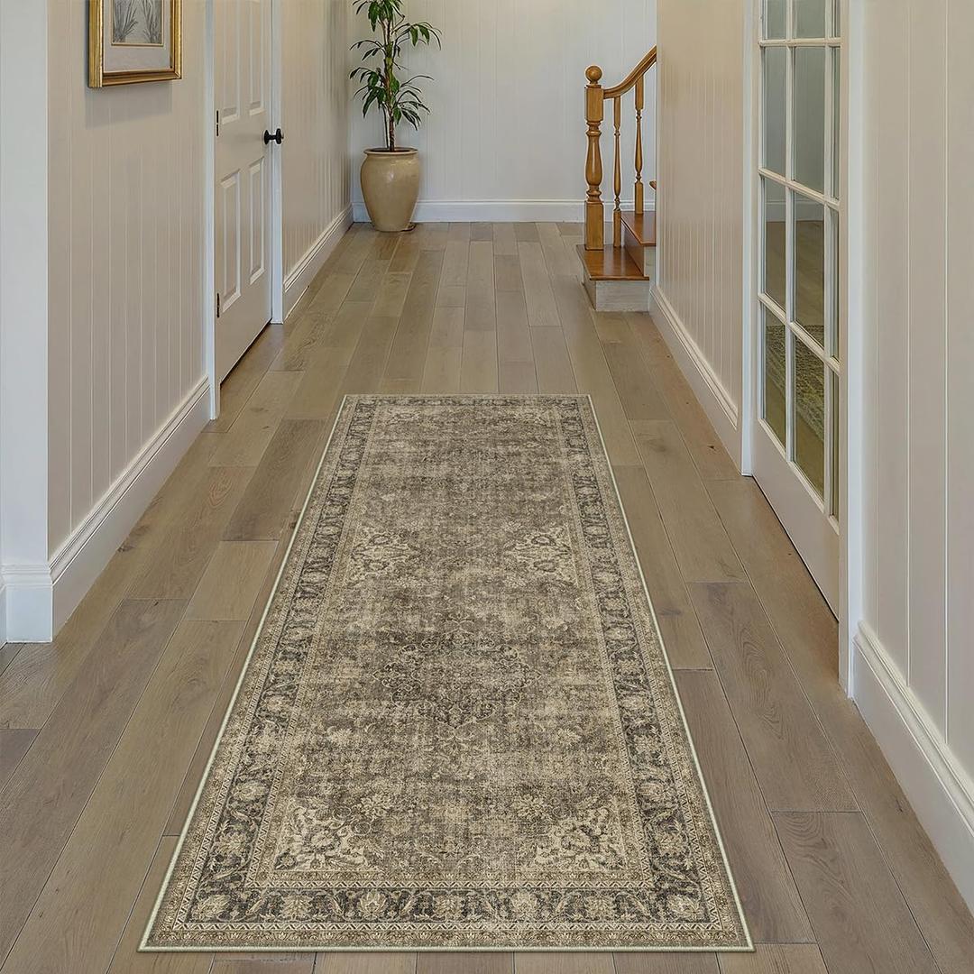 WondRg 2x6 Washable Brown Runner Rug Vintage Hallway Kitchen Carpet Non-Slip Soft Low Pile Distressed Throw Rug for Bedroom Bathroom Laundry Living Room