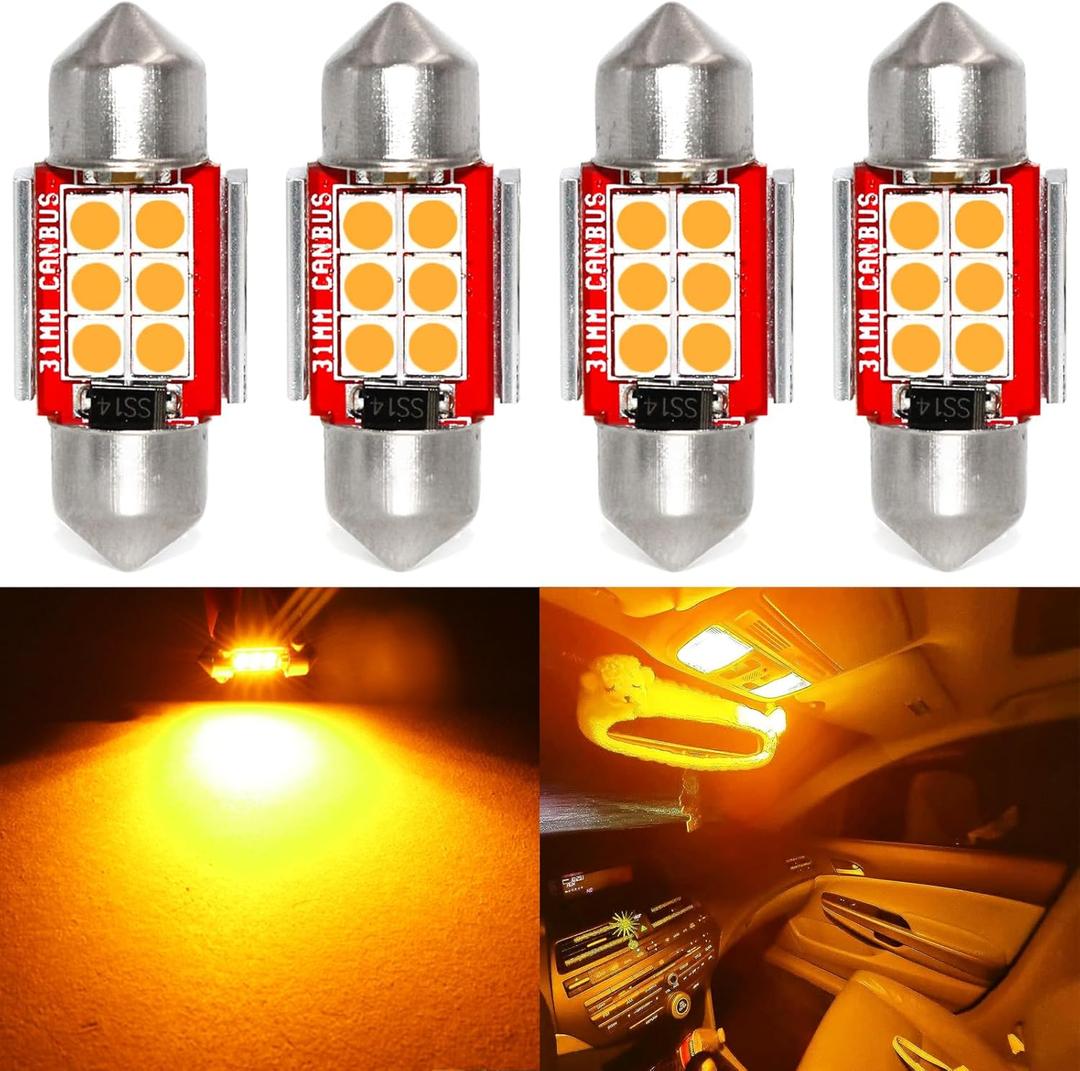 PHINLION DE3175 Amber Yellow LED Light Bulbs, Super Bright Festoon 31mm DE 3175 3021 3022 Miniature LED Bulb for Car Interior Door Map Dome Reading Trunk Step Courtesy Light, Pack of 4