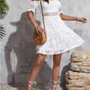 Women's Lace Flowy A Line Short Dresses Cold Shoulder Puff Sleeve Elegant Summer Dress (White, L)