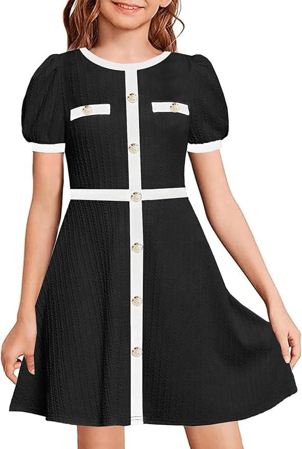 YOVION Girls Summer Dress Puff Sleeve Crewneck Button Color Block Casual Party Dresses with Pockets for 6-12 Y (Beige)