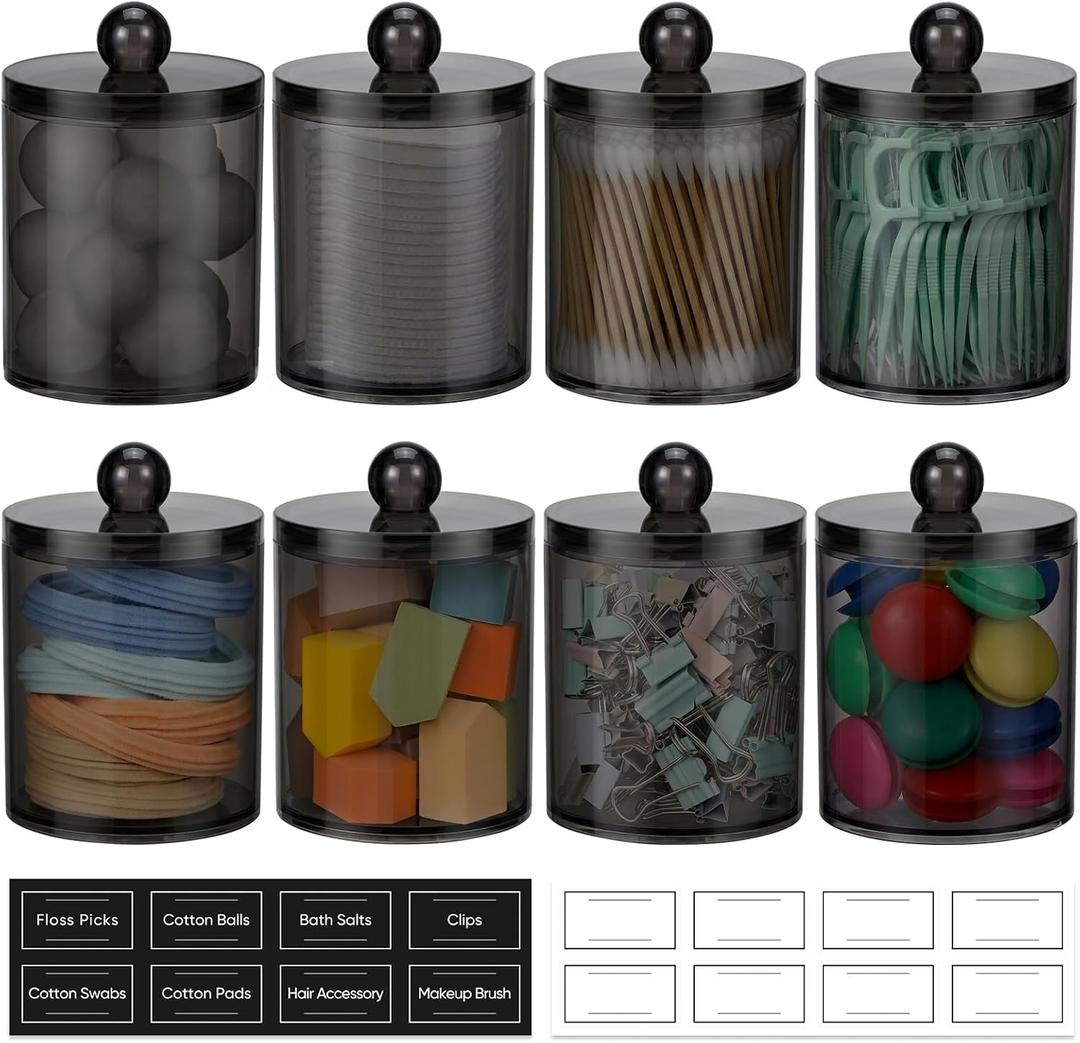 8 Pack Acrylic Qtip Holder Dispenser for Cotton Swabs, Balls, Pads, Floss Picks- Clear Plastic Canister Apothecary Jar Set, Bathroom Essentials Accessories Decor Vanity Makeup Storage Organizer -Black