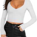 REORIA Women's Basic Sexy V Neck Long Sleeve Slim Fitted Cropped T Shirts Fall Fashion Going Out Crop Tops