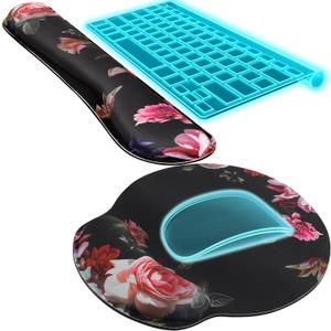 KTRIO Ergonomic Keyboard Wrist Rest and Mouse Pad with Wrist Rest Set, Memory Foam Wrist Support for Typing, Gaming, Office and Home Use, Pale Pink, Peony Flower