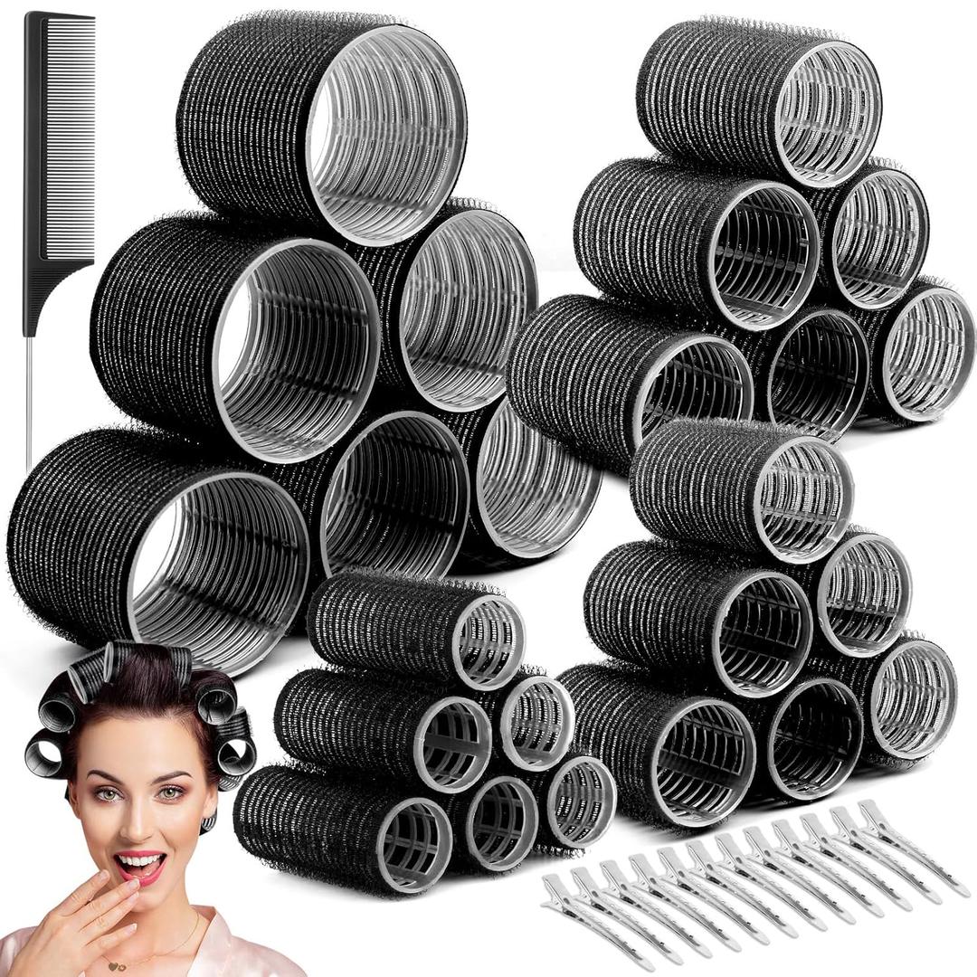 Hair Curler Rollers for Women 24PCS Heatless Hair Roller with 12PCS Clips, 4 SizesJumbo Large Medium SmallSelf Grip Holding Hair Rollers for Long Medium Short Thick Fine Volume Thin Bangs Hair