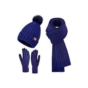 Womens Winter Warm Beanie Hat Long Scarf Touchscreen Gloves Set with Fleece Lined Skull Pom Caps 3 in 1 Set for Gift
