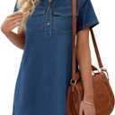 Wenrine Women's Short Sleeve Denim Dress Button Down Collared Loose Fit Summer Casual Jean Shirt Mini Dresses (Blue), XL