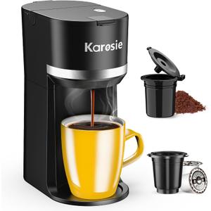Single Serve Coffee Maker for K-Cup and Ground Coffee, Fast Brew, 6-12 oz Brew Sizes One Cup Coffee Machine Fits 5.5" Mugs, One-Button Small Coffee Maker, Descaling Reminder,Black,9.45 Inches