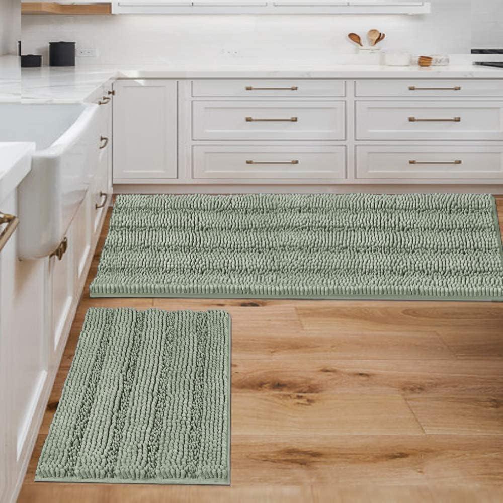 H.VERSAILTEX Bathroom Rugs Bath Mats Sets Super Absorbent Chenille Striped Bath Mats Non Skid Machine Wash Dry Rugs for Bathroom Floor Set of 2(Sage, 47 x 17 Plus 17 x 24 - Inches)