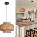 6"-41" Height Adjustable Farmhouse Chandelier Light Fixture, 3-Light Rattan Boho Chandeliers for Dining Room, Hand Woven Pendant Light with Linen Shade, Rustic Hanging Lighting for Kitchen Island