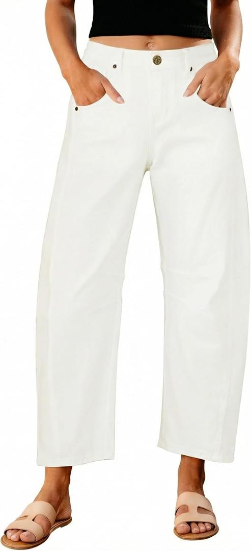 GRAPENT Barrel Jeans for Women Trendy High Waisted Wide Leg Baggy Cropped Relax Fit Stretch Denim Trouser Ankle Pants (White, S)