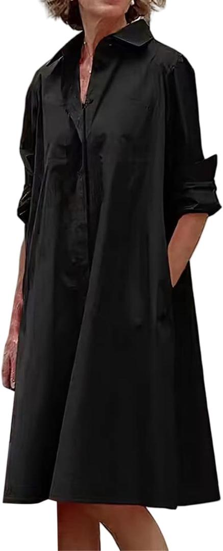 Button Down Dress for Women Summer Long Sleeve V Neck Dresses Business Casual T Shirt Dresses Vacation Sundress Pocket Size S