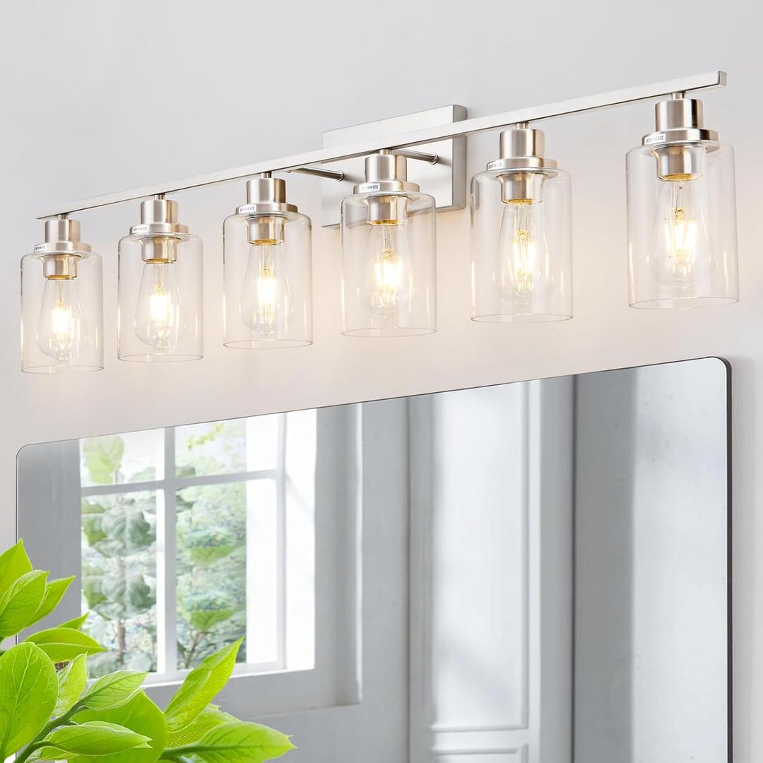 6-Light Brushed Nickel Bathroom Light Fixtures Over Mirror with Frosted Milk Glass and Metal Cage Shade, 42" UL-Listed Modern Farmhouse Wall Sconce for Bath, Hardwire E26, OS-3014BNW-6W