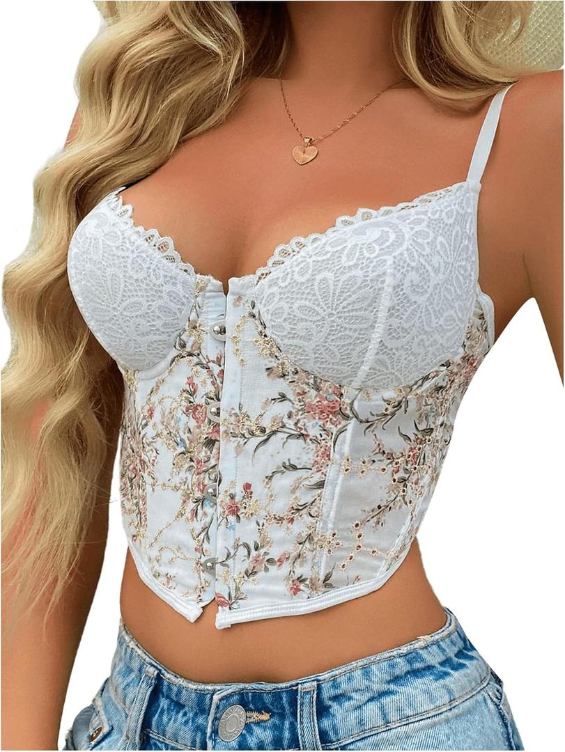 SHENHE Women's Corset Tops Spaghetti Strap Cami Crop Tank Top Mesh Floral Embroidery Bustier Camisole (Medium)