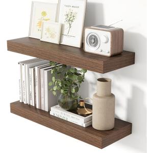 Heimlove 24 Inch Floating Shelves for Wall Walnut Shelves Set of 2,Wall Mounted Rustic Wood 8 Inch Deep Floating Shelf with Invisible Brackets for Bedroom Kitchen Living Room