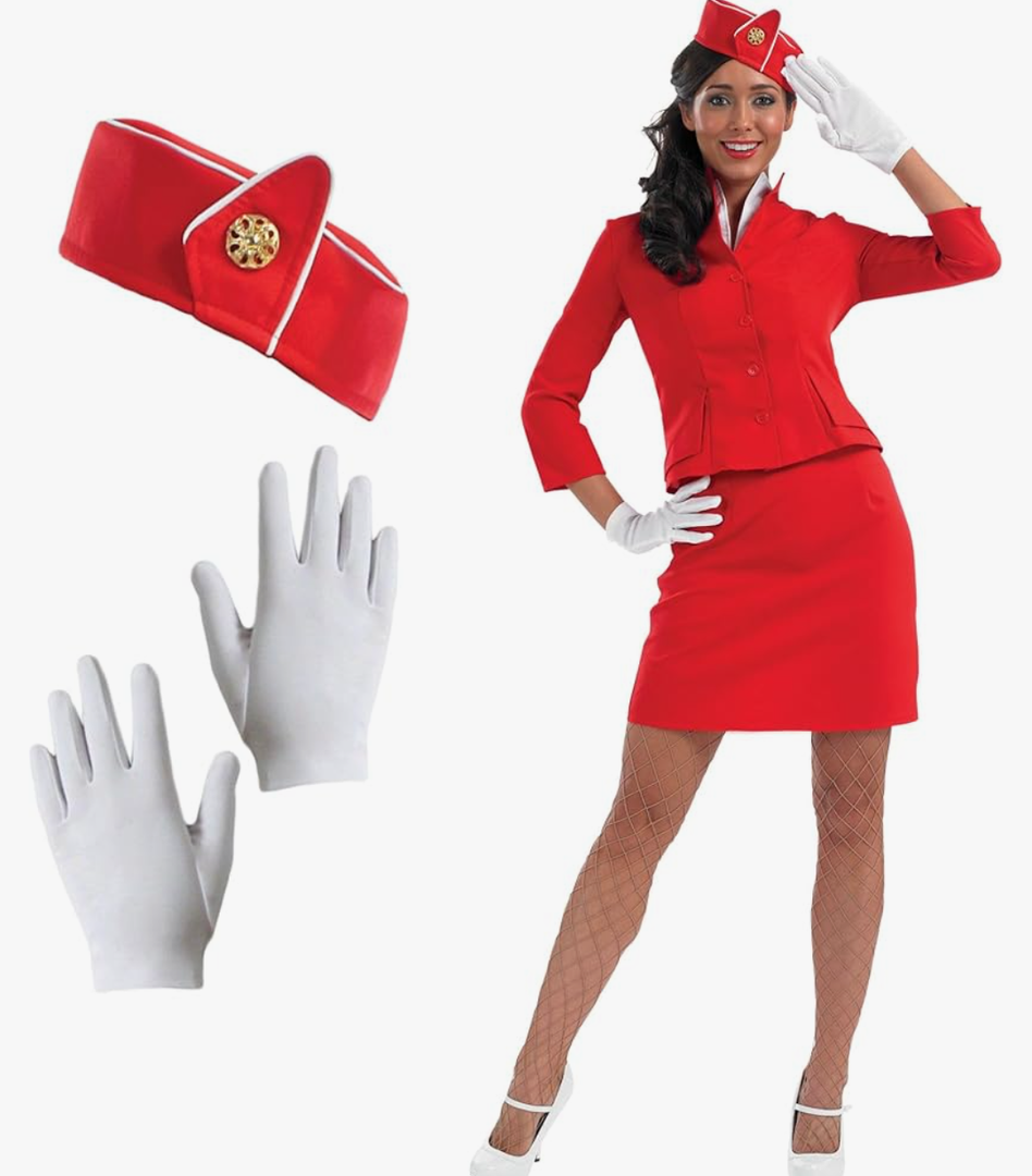 fun shack Flight Attendant Costume Women Red, Airline Stewardess Costume for Women, Retro Stewardess Costume Women XL