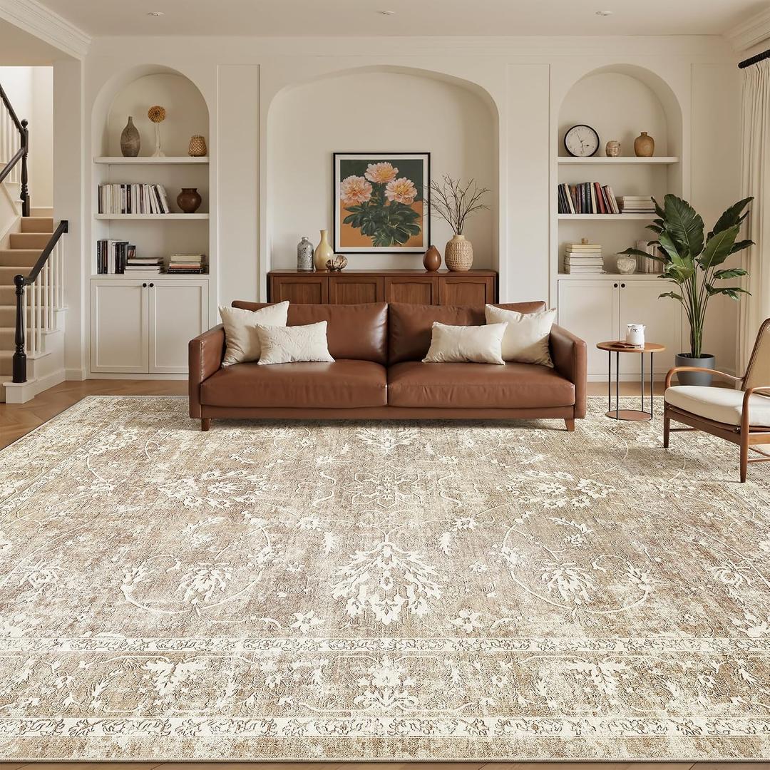 9x12 Area Rugs for Living Room, Washable Neutral Rug Beige/Brown