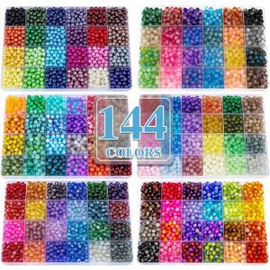 XSEINO About 7200PCS 6mm Glass Beads Bracelet Making Kit,144 Assorted Designs Special Color Series Crystal Floral Pearl Crack Ink Dual Colorful Beads for Bracelet and DIY Crafts and Jewelry Making