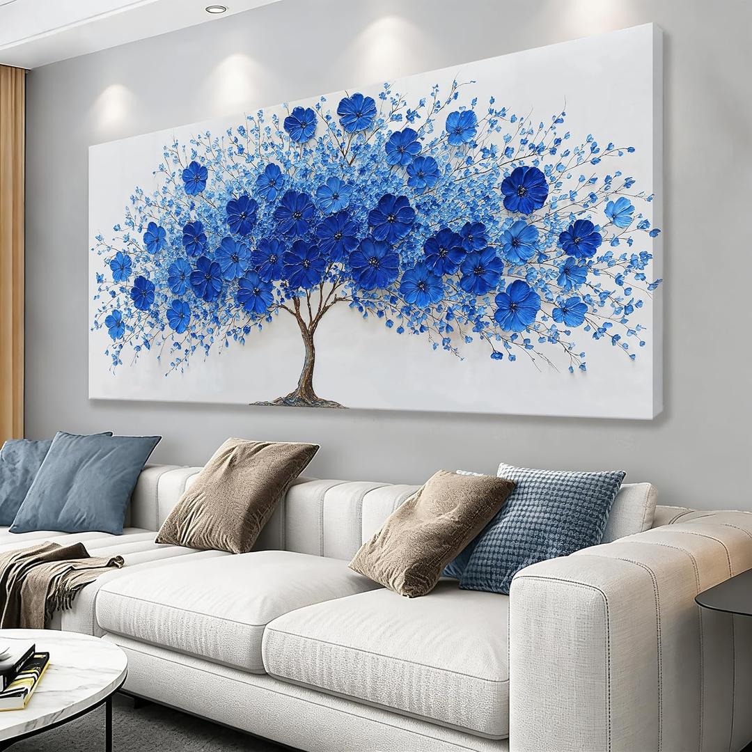 I@U Navy Blue Floral Canvas Tree Of Life Wall Art For Living Room 24x48 In