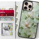 LUHOURI for iPhone 16 Pro Case Wallet - Wireless Charging Compatible Detachable Flip Folio Leather Cover - RFID Blocking 4 Card Slots - Protective Phone Case for Women - Vintage Magnolia Flowers