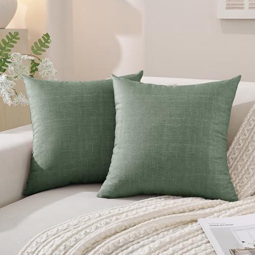 SYSLOON Decorative Throw Pillow Covers 18x18 Inch Set of 2, Soft Cozy Faux Linen Boho Pillow Covers,Cushion Cover Cozy Farmhouse Decor for Living Room Sofa & Bed,Dark Green