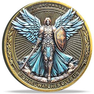 The Archangel Michael Watches Over Us Challenge Coin - Psalm 91:10-11 Inspirational Religious Collectible Coin with Clear Protective Case
 (4 PCS)