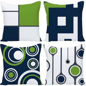 Blue and Green Pillow Covers 18x18, Navy Blue Green Geometric Pillows Cover Set of 4 Outdoor Sturdy Linen Abstract Throw Pillow Cases Zipper for Patio Couch Sofa Living Room Home Decor