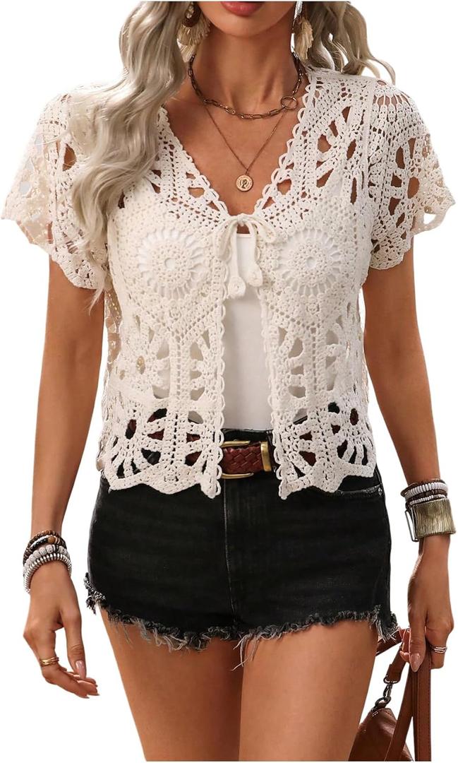 GORGLITTER Women's Tie Front Hollow Out Cardigans Short Sleeve V Neck Pointelle Knit Tops (White, S)