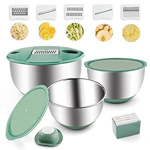 weltonhm Mixing Bowls Set of 3 Stainless Steel Bowl with Lids Set, Nesting Bowls with Graters Airtight Lids for Cooking, Baking, Prepping (Green)