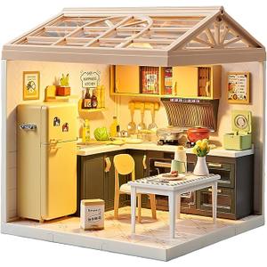 Miniature Kitchen DIY House Kit – 126Pcs Cooking Room Furniture Set with Plug-in LED Light & Modular Base, 1:24 Scale Model for Kids 8+, Teens & Hobbyists