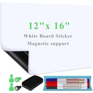 Qiytecno White Board Sticker Adhesive Backing, 12" x 16" Magnetic Dry Erase Board Contact Paper Stick on Wall, Whiteboard Sheet for Teacher Kids Classroom, Include Markers, Eraser with Magnet