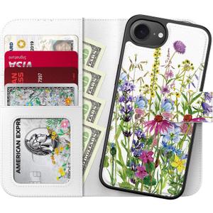 LUHOURI for iPhone 16e Case Wallet - Wireless Charging Compatible Detachable Flip Folio Leather Cover - RFID Blocking 4 Card Slots - Protective Phone Case for Women - Blooming Wildflowers