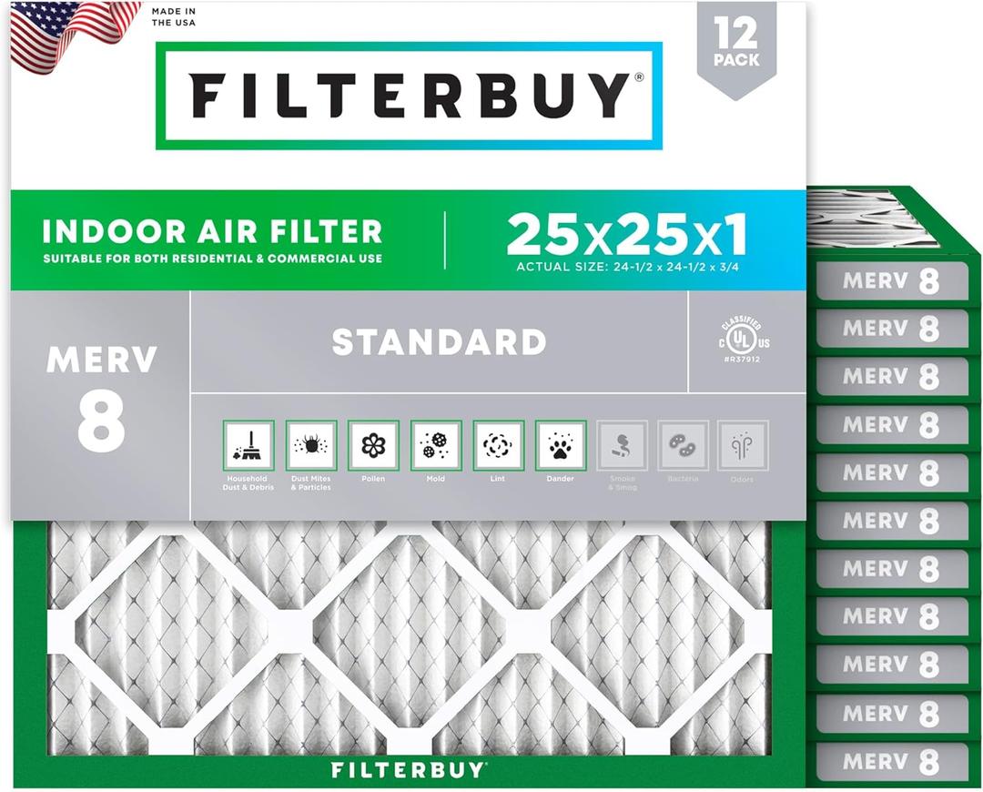 Filterbuy 25x25x1 Air Filter MERV 8 Essential Dust & Allergy Defense (12-Pack), Electrostatic Pleated HVAC AC Furnace Filters Replacement, Made in USA (Actual Size: 24.50 x 24.50 x 0.75)