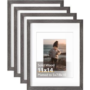 KINLINK 11x14 Picture Frame Ash Black, Solid Wood Frames with Acrylic Plexiglass for Pictures 5x7/8x10 with Mat or 11x14 without Mat, Tabletop and Wall Display, Set of 4