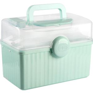 Plastic Family First Aid Box, Empty Emergency Medical Organizer, 3 Layers Portable Medicine Storage Container with Handle for Art Craft and Family, Office and Travel (Green-Clear)