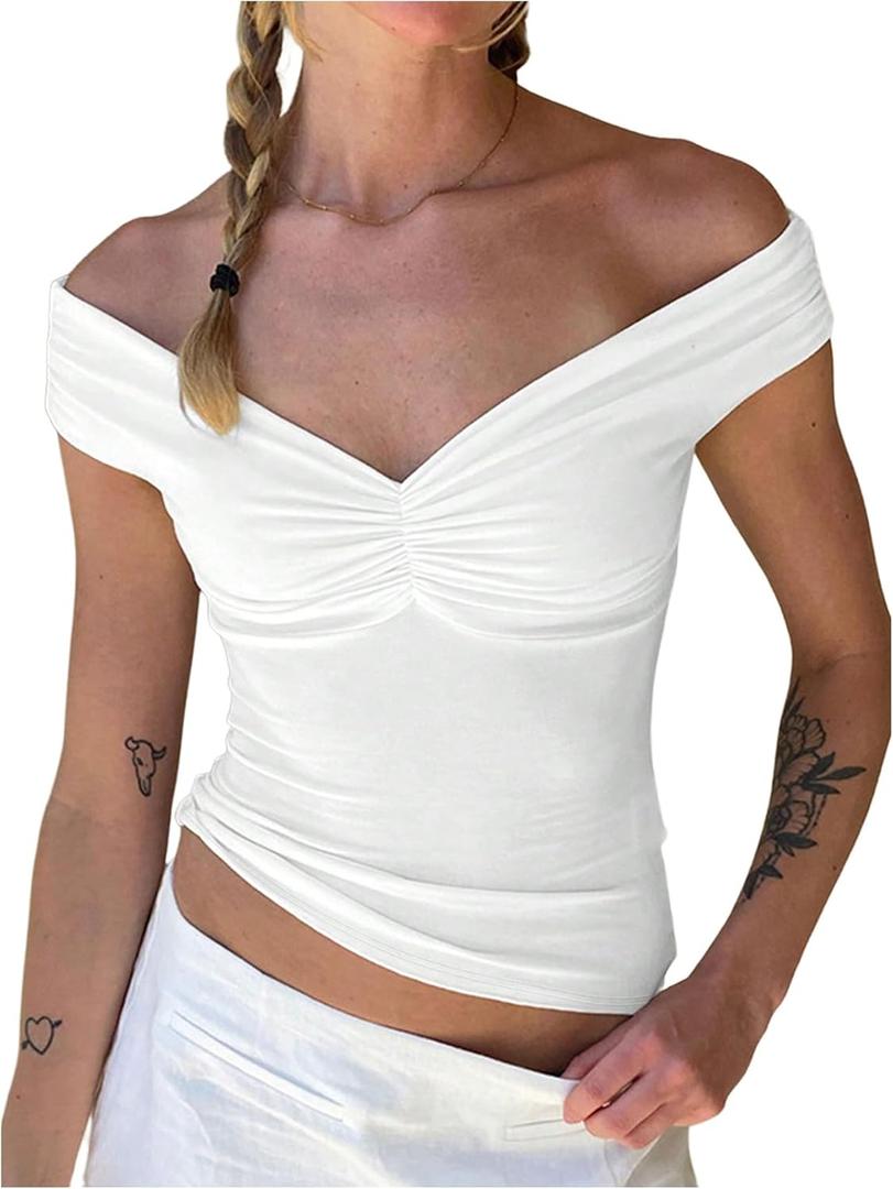 MakeMeChic Women's Off The Shoulder Ruched Short Sleeve Summer Tee Shirt Crop Tops (L)