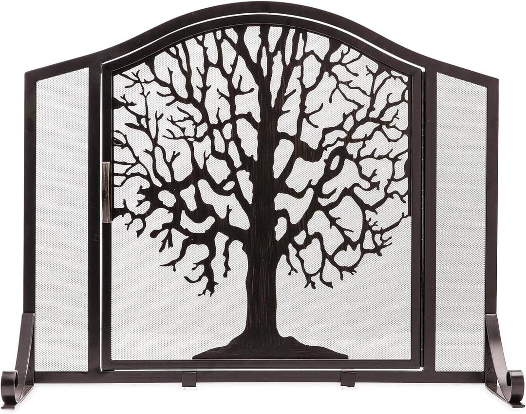Plow & Hearth Metal Fireplace Screen Tree of Life Black | 38" W x 31" H | Magnetic Hinged Door | Spark Guard Cover | Stand Alone Wrought Iron Panel Fire Place Cover
