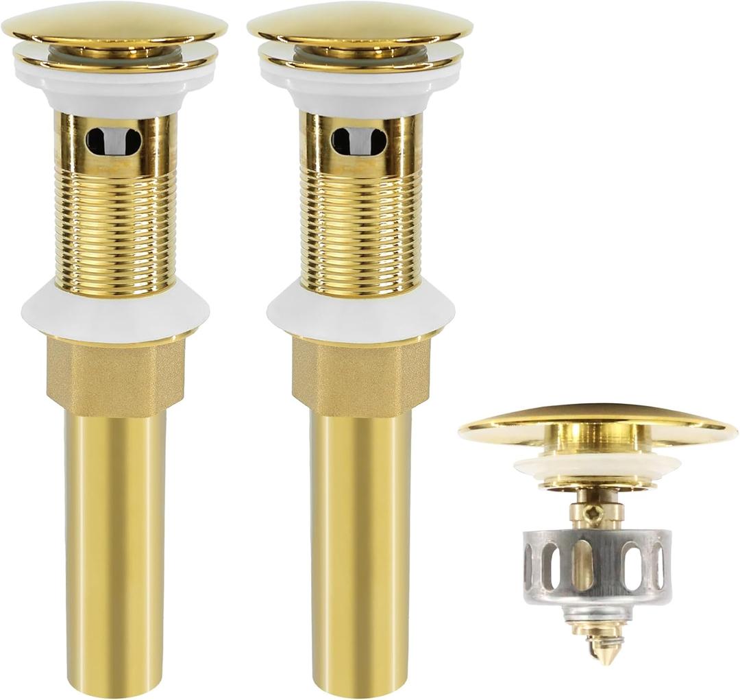 Bathroom Sink Drain, 2 Pack Gold Drain Stopper with Overflow,Pop Up Drain Assembly with Detachable Strainer Basket,Built-in Anti-Clogging Strainer,Stainless Steel, With Overflow, 2 Pack-gold-big Cap