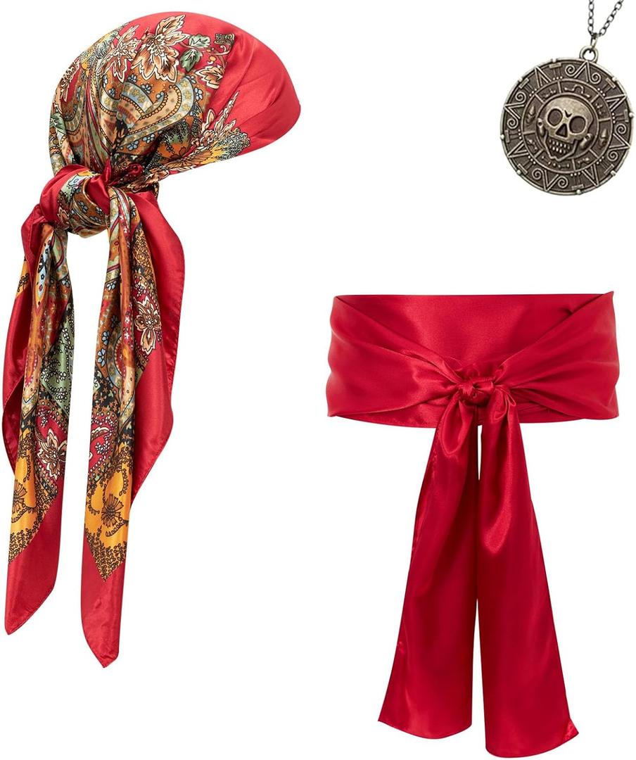 Pirate Costume Accessories Women Men Pirate Bandana Headband Head Scarf Pirate Sash Belt and Pirate Jewelry 3pcs (Satin Black)